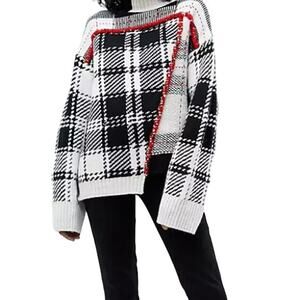 ASOS Womens Heritage Asymmetical Check Plaid Jumper Sweater White Black US 2